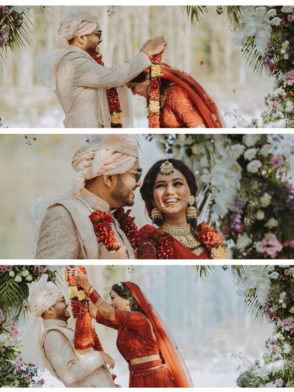 A collage of the Jaimala ceremony, capturing the playful exchange of garlands and the loving smiles between the bride and groom.
