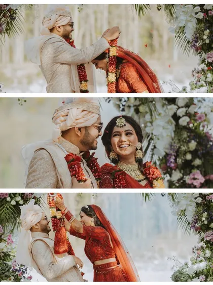 A collage of the jaimala ceremony, showing the playful and joyous exchange of garlands.
