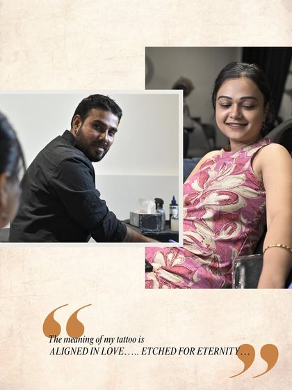 "The meaning of my tattoo is ALIGNED IN LOVE.... ETCHED FOR ETERNITY..." The simple, powerful concept behind a couple's matching tattoos.