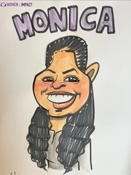 A caricature of 'Monica', capturing her long, beautiful hair and bright smile.