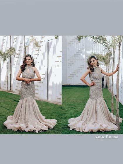 Stunning solo portraits of the bride in her glamorous gown, highlighting her elegance and the beautiful details of her outfit.