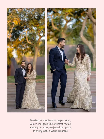 A diptych of John and Jahanvi at The Roseate, Gurgaon. Their elegant western wear and the natural, golden hour light create a sophisticated and romantic pre-wedding feel.