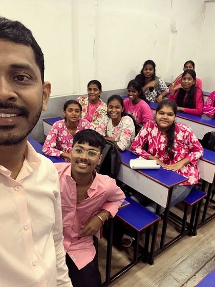 A selfie with our female students, all celebrating the final day of Navratri in vibrant pink attire. It’s wonderful to see the enthusiasm and participation from everyone.