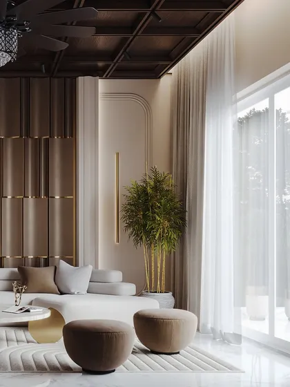 This angle focuses on the plush, sculptural seating and the textural contrast with the smooth marble floor. The render demonstrates the balance between soft forms and hard surfaces.