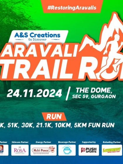 The official poster for the Aravali Trail Run, detailing the various race categories from 5K to a grueling 72K ultra run.