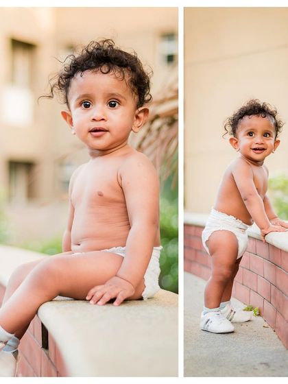 A collage of a baby boy's outdoor photoshoot, capturing his curious expressions as he sits and explores.