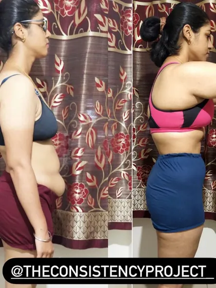 A side view of Sonali's journey. Her focus has shifted from just fat loss to building serious strength, and her hip thrusts have gone from 60 kgs to an incredible 120 kgs.