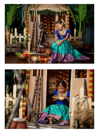 A sweet little girl enjoying the Pongal festivities in the studio. Dressed in a beautiful pattu pavadai, she is captured in our detailed set, complete with a hut, sugarcane, and festive decor.