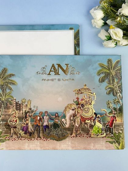 A vibrant beach-side baraat scene, blending the energy of a royal procession with the relaxed vibe of a destination wedding.