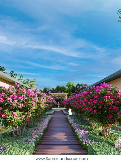 We believe a garden should tell a story. This design for a long, elegant walkway is lined with flowering bougainvillea, creating a beautiful, immersive journey through the landscape and showcasing our expertise in planting design and creating powerful visual axes.