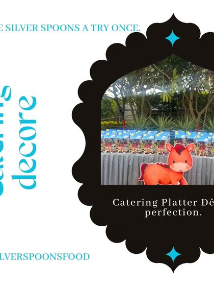This graphic showcases the catering decor for a Barnyard party, featuring a cute horse cutout on the buffet table. Themed decor is key to creating an immersive experience.