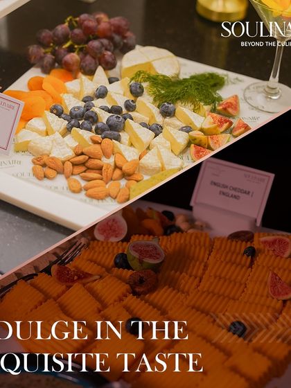 A collage inviting you to indulge in the exquisite taste of our cheese boards, featuring French Brie and English Cheddar paired with almonds and fresh fruit.