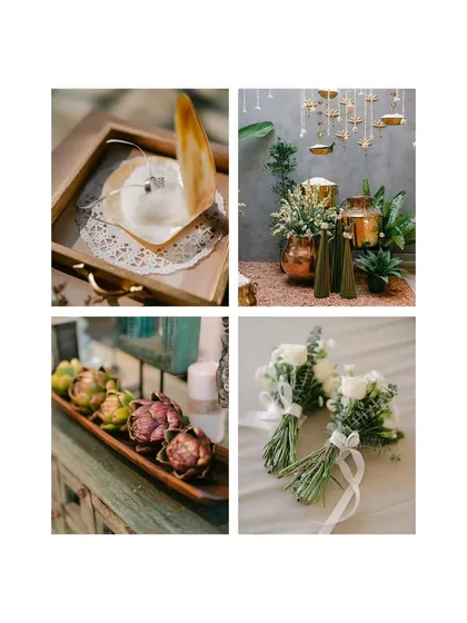 A collection of decor details, including the ring presentation, floral arrangements, and artistic table centerpieces. These elements showcase the thoughtful curation of the wedding's aesthetic.