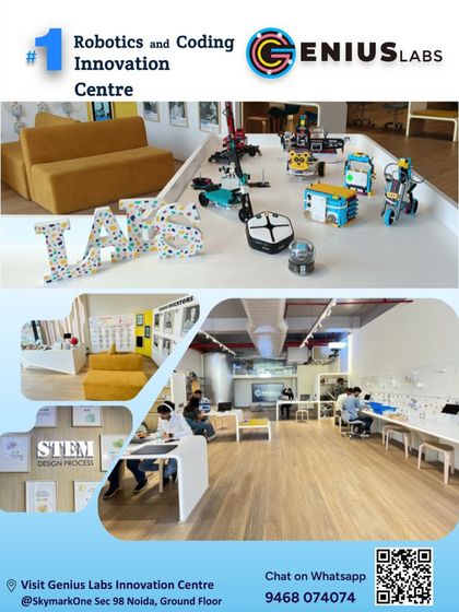 An overview of our #1 Robotics and Coding Innovation Centre. The space is designed to be large, open, and well-lit, with different zones for building, coding, and collaborative learning.