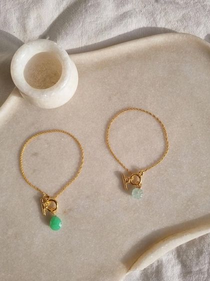 The Aquamarine and Chrysoprase melon toggle bracelets, side by side.
