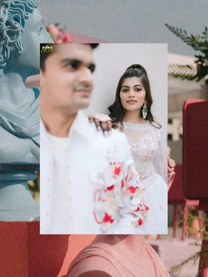Another layered, artistic portrait focusing on the couple's gaze and connection.