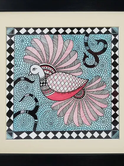 A bird with magnificent pink wings flies against a patterned blue sky in this Madhubani piece by Lakshit Mukhiya. The dynamic composition and contrasting colors make for a striking image.
