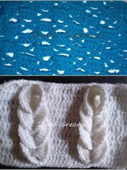 Here are two interesting crochet textures. The top blue piece shows a lacy, openwork pattern, while the bottom white piece demonstrates a 3D braided cable stitch, perfect for headbands or cuffs.