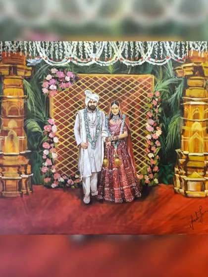 This live wedding portrait was painted at Amaanta Farms in Delhi. I used the grand pillars and floral arrangements to create a majestic setting for the couple's portrait.