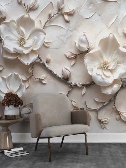 This elegant wallpaper features 3D embossed white flowers on a textured background, creating a timeless and sophisticated look for an accent chair corner.