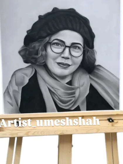 A beautiful artwork of a woman in a beret, made with a pencil and displayed on an easel. Would you like one too?