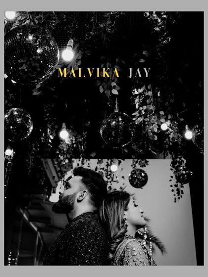 A moody black and white shot of the couple, with disco balls and lights creating a cool, retro party vibe.