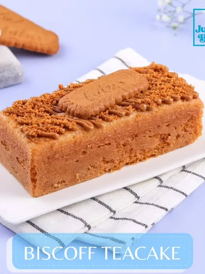 A simple and elegant shot of our Biscoff Teacake, showcasing the crunchy biscuit topping.