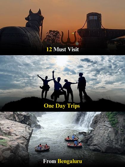 A collage of 12 must-visit one-day trip destinations from Bangalore, all of which we cover.
