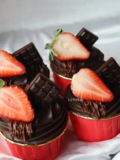 A set of my chocolate strawberry cupcakes. The combination of rich chocolate and fresh fruit is just amazing.