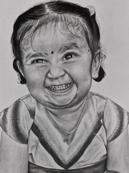 Another angle of the laughing child portrait. This view shows the detail in her hair and the joyful crinkle of her eyes, all done with graphite and charcoal pencils.