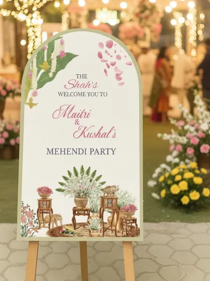Here’s one of my welcome board designs in action at a beautiful outdoor Mehendi party. Seeing my floral illustrations come to life and set the vibe for the celebration is the best feeling.