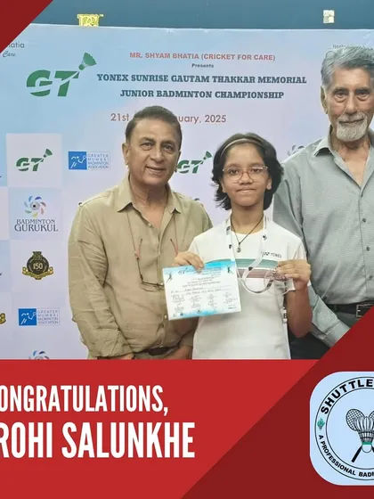 A memorable moment for Aarohi Salunkhe, receiving her award from esteemed guests at the Yonex Sunrise Gautam Thakkar Memorial championship.