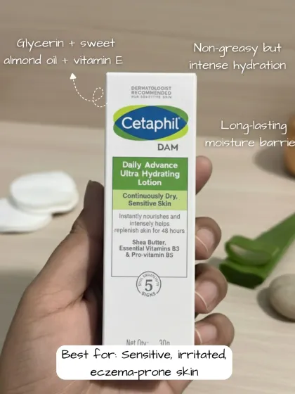 For sensitive, irritated, or eczema-prone skin, I often recommend Cetaphil Daily Advance Ultra Hydrating Lotion. It provides intense, non-greasy hydration with ingredients like sweet almond oil and Vitamin E.