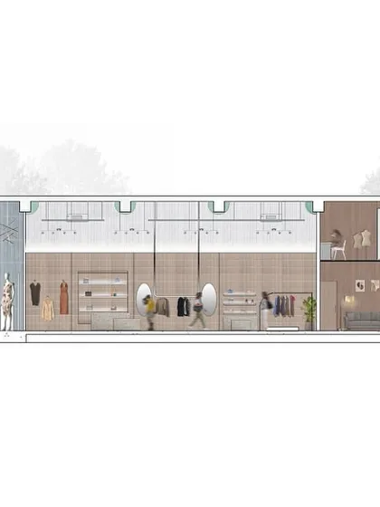 A second section drawing of the GRASSROOT store, revealing the two-level office space at the rear. These drawings are crucial for ensuring every detail, from structure to furniture, works in harmony.