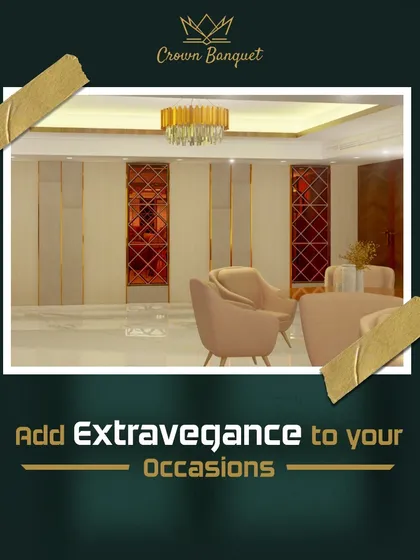 We believe extravagance is in the details. This image focuses on the elegant interior design of our hall, featuring warm lighting, reflective diamond-patterned wall panels, and plush seating that contribute to a luxurious feel.