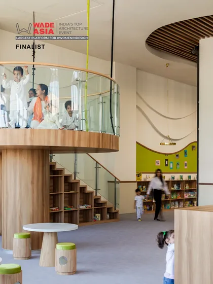 In the library of Vedanya School, Gurugram, learning is a joyful experience. This space, filled with natural light and playful forms, shows our commitment to creating interiors that spark curiosity and encourage interaction, especially for our youngest learners.