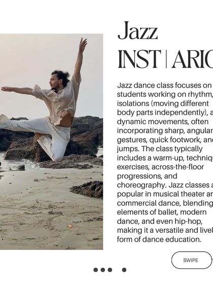 This poster for the "Dancers Intensive" highlights the Jazz module, explaining its focus on rhythm, isolations, and dynamic movements.