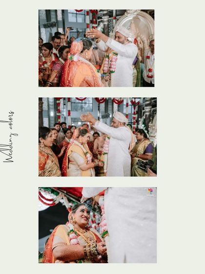 A collage of the wedding ceremony, showing the couple receiving blessings. These photos capture the colorful and emotional atmosphere of the event.