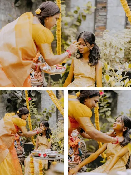 A collage from a Half Saree Haldi ceremony, showing the traditional application of turmeric by family members.