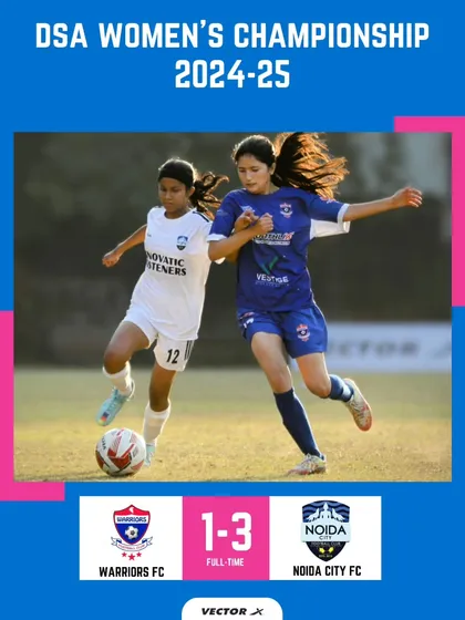 A match report graphic from the DSA Women's Championship showing our 3-1 victory over Warriors FC, with an action shot of our player dominating the midfield.