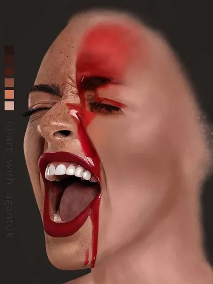 A work-in-progress version of the screaming woman portrait. This shows the piece before the final blending and smoothing, with the color palette I used visible on the side.