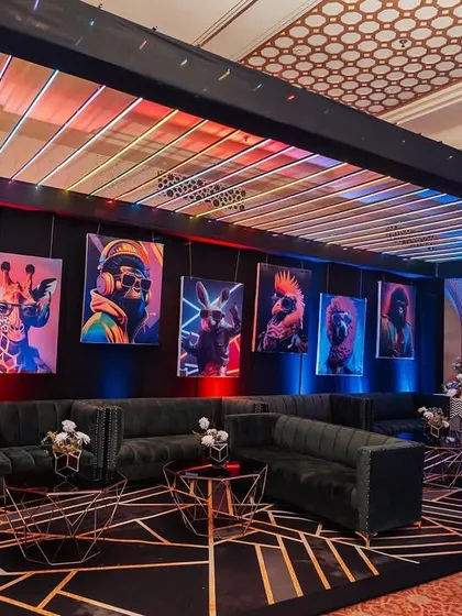 A full view of the 'cool animals' lounge area, a unique and edgy theme for a modern Sangeet after-party.