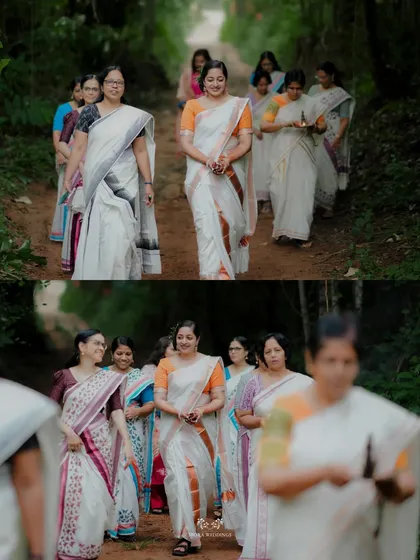 A collage showing the bride leading a procession of women in traditional sarees, a beautiful cultural moment.