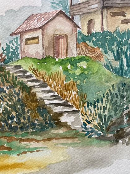 A close-up of the stone stairs in my Tirthan Valley watercolor. This detail emphasizes the rustic, handmade feel of the path and the textures of the autumnal foliage around it.