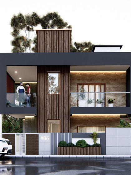 A frontal view of the modern home design, highlighting the interplay between the solid grey block, the warm vertical wood slats, and the open balcony space.