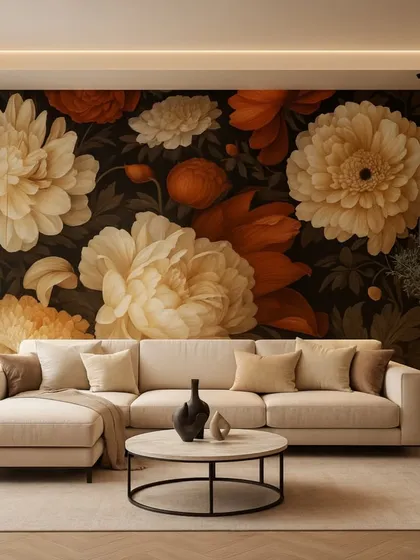 A dark and moody floral wallpaper that creates a dramatic and sophisticated accent wall. The large-scale cream and orange flowers stand out beautifully against the black background.