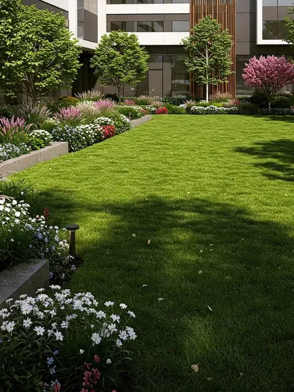 A vibrant commercial courtyard filled with colorful flowers and plants in raised beds around a central lawn. The design brings color and life to the space between buildings.