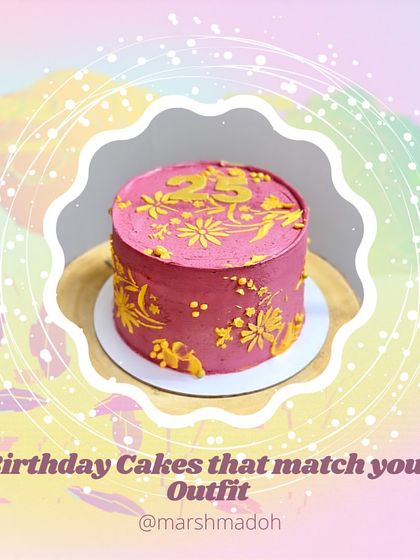 A graphic showcasing the concept of matching a cake to your outfit, featuring the beautiful pink and yellow custom cake.