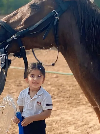 A young girl helps give a horse a refreshing splash of water, a fun activity on a warm day.