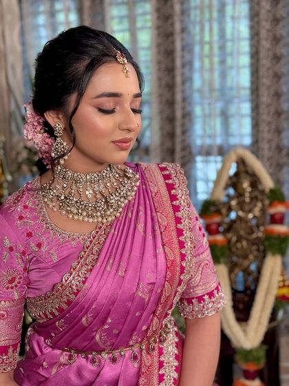 Another angle of the soft, glowing makeup, perfect for a daytime traditional ceremony.